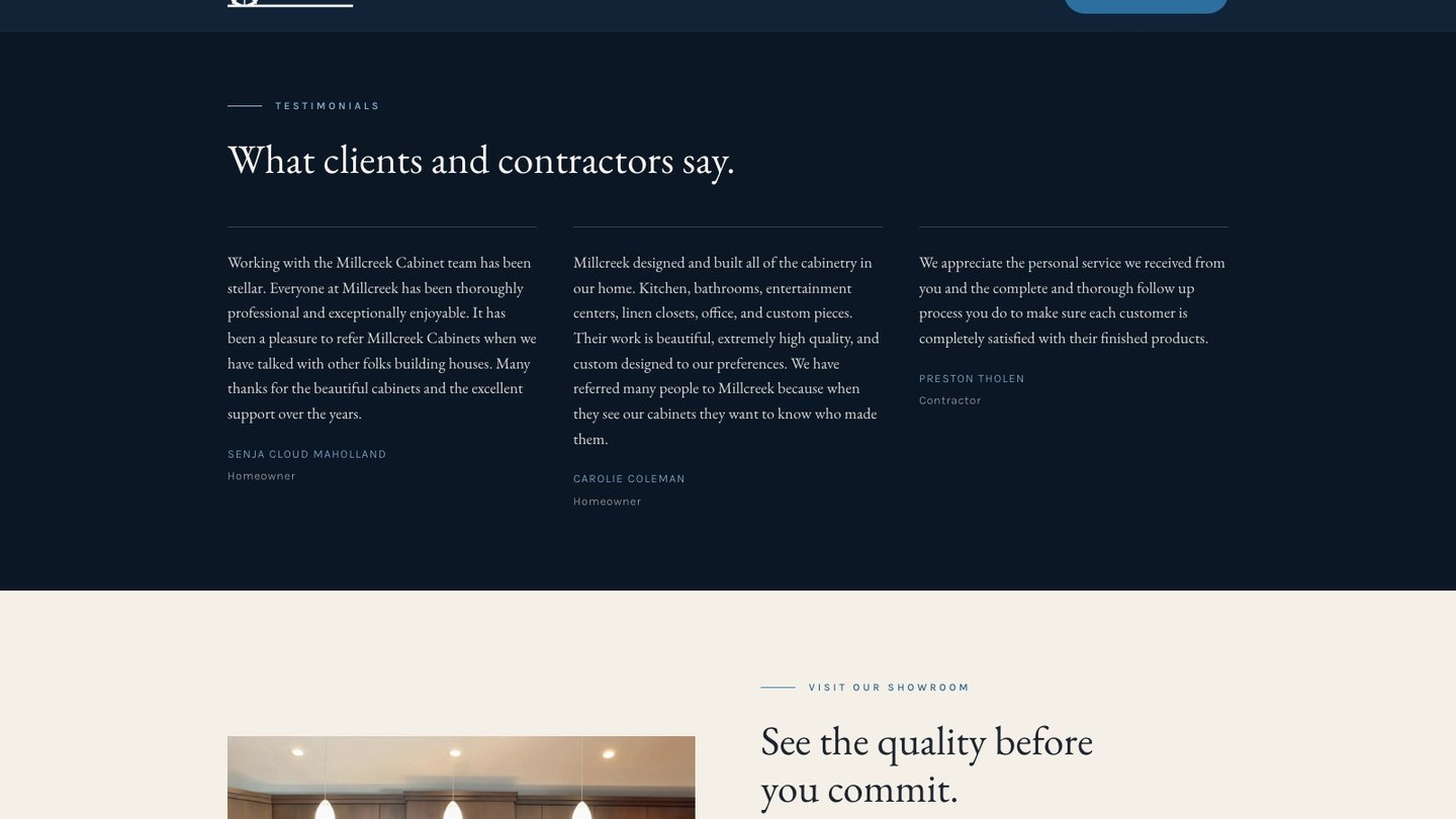 The testimonials section of the new homepage