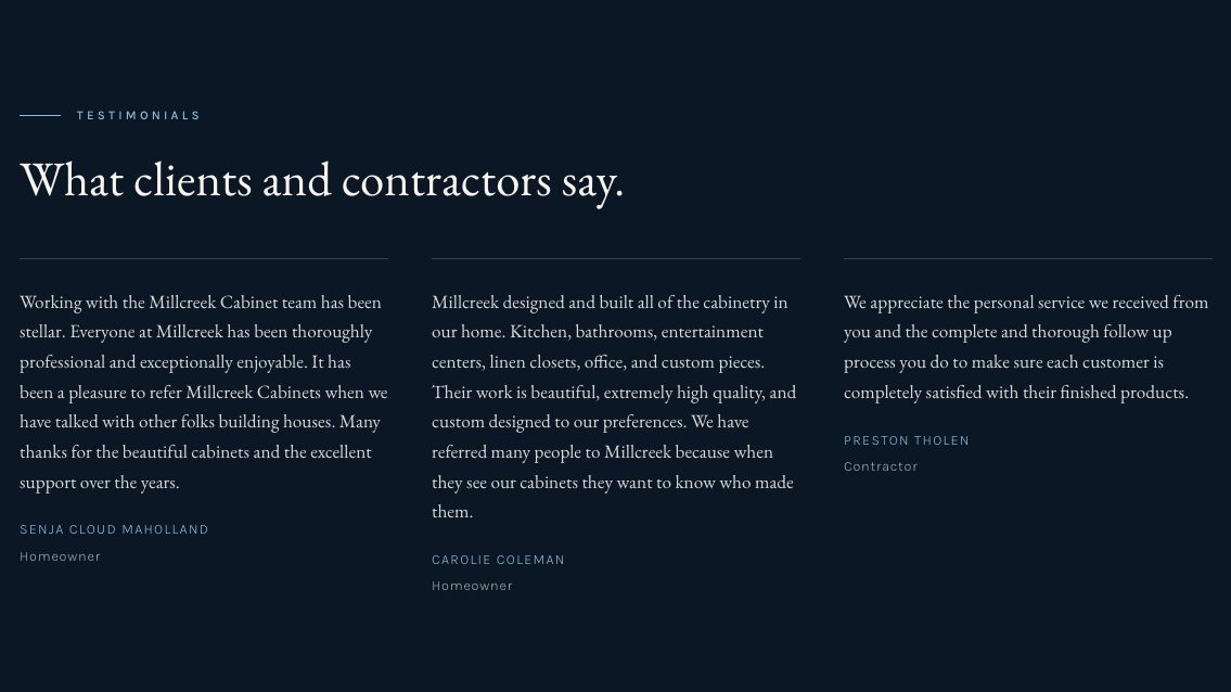 The testimonials section of the new homepage
